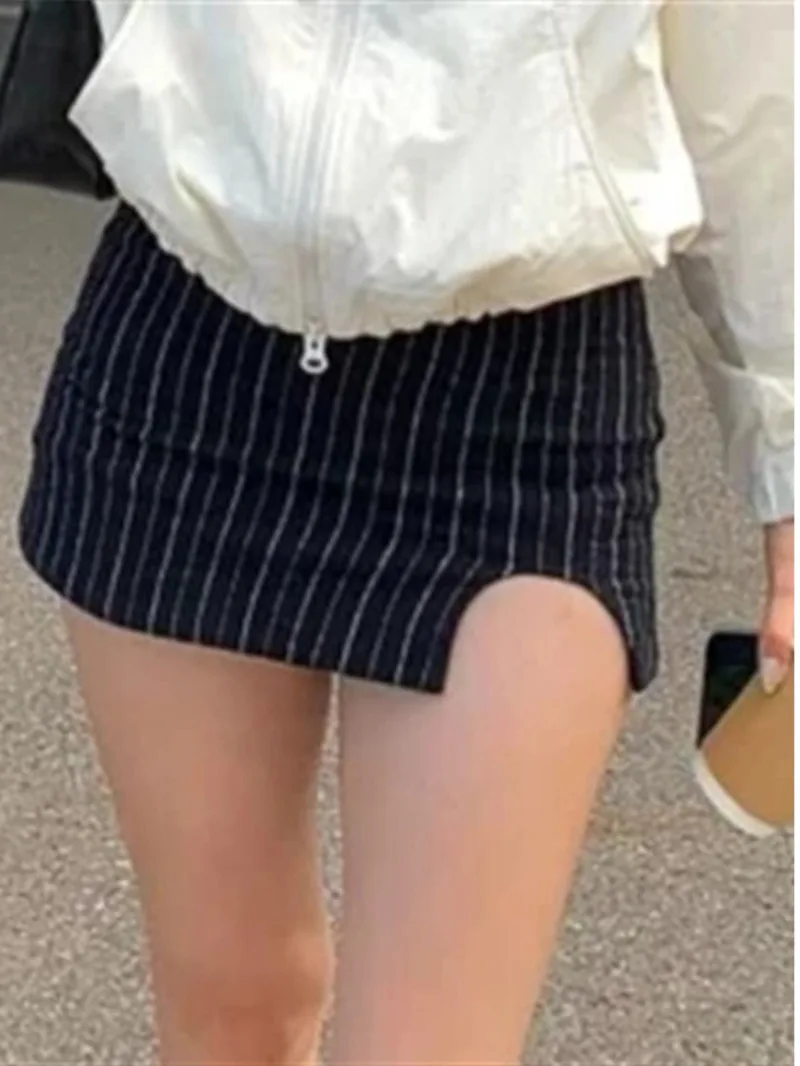 2024 New Design Sense American Style Low Waisted Striped Short Skirt Women Wrap Hip Slim Casual Versatile A-line Skirt EVHT