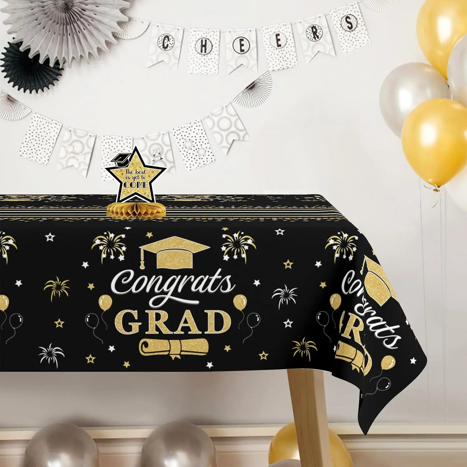 مفرش مائدة للتخرج باللونين الأسود والذهبي ، مبروك غراد مستلزمات حفلات للاستعمال مرة واحدة ، بلاستيك مستطيل ، 54x "، 3 عبوات