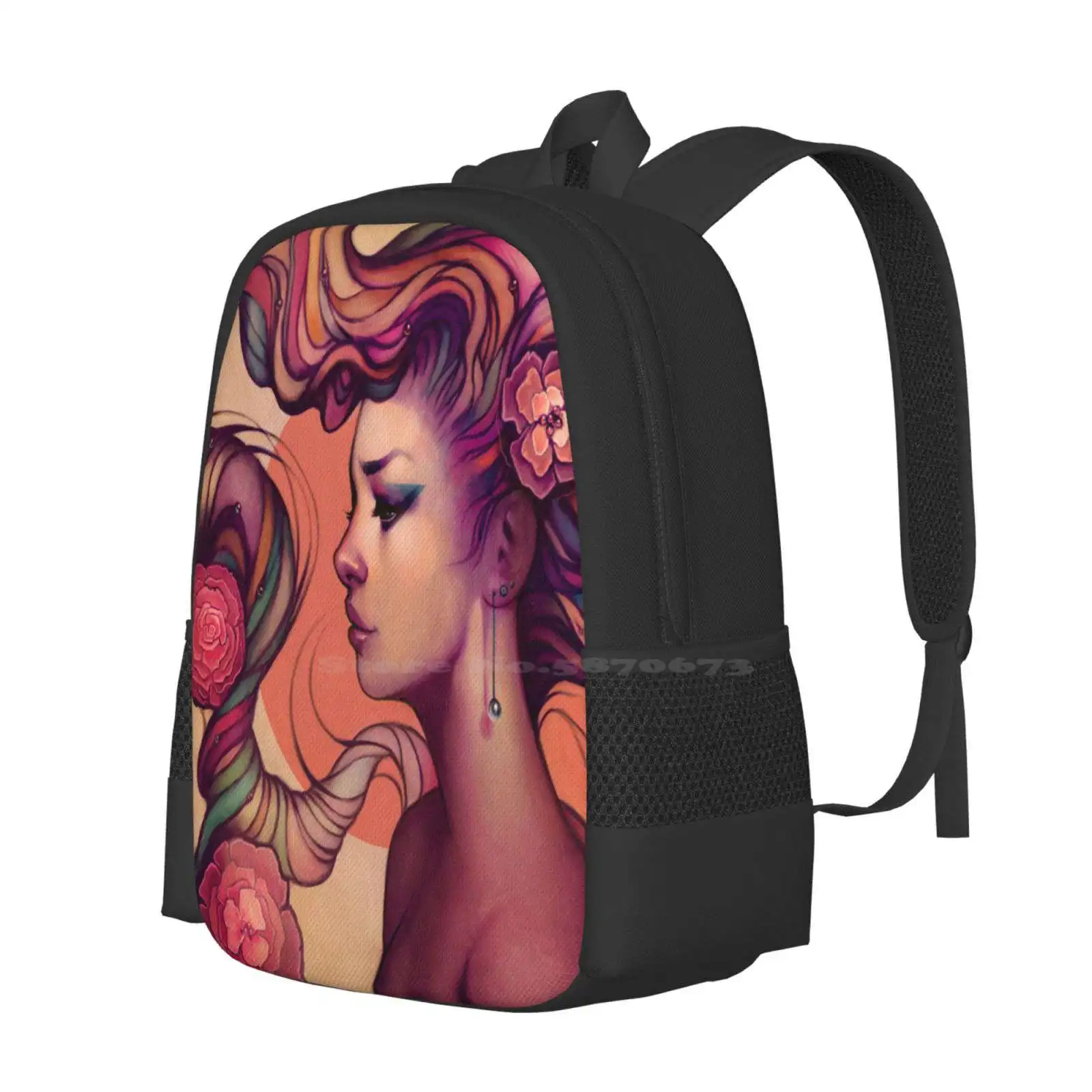 Leah Hot Sale Schoolbag Backpack Fashion Bags Megan Lara Art Nouveau Hair Rainbow Flowers Colorful Girl Woman Leah