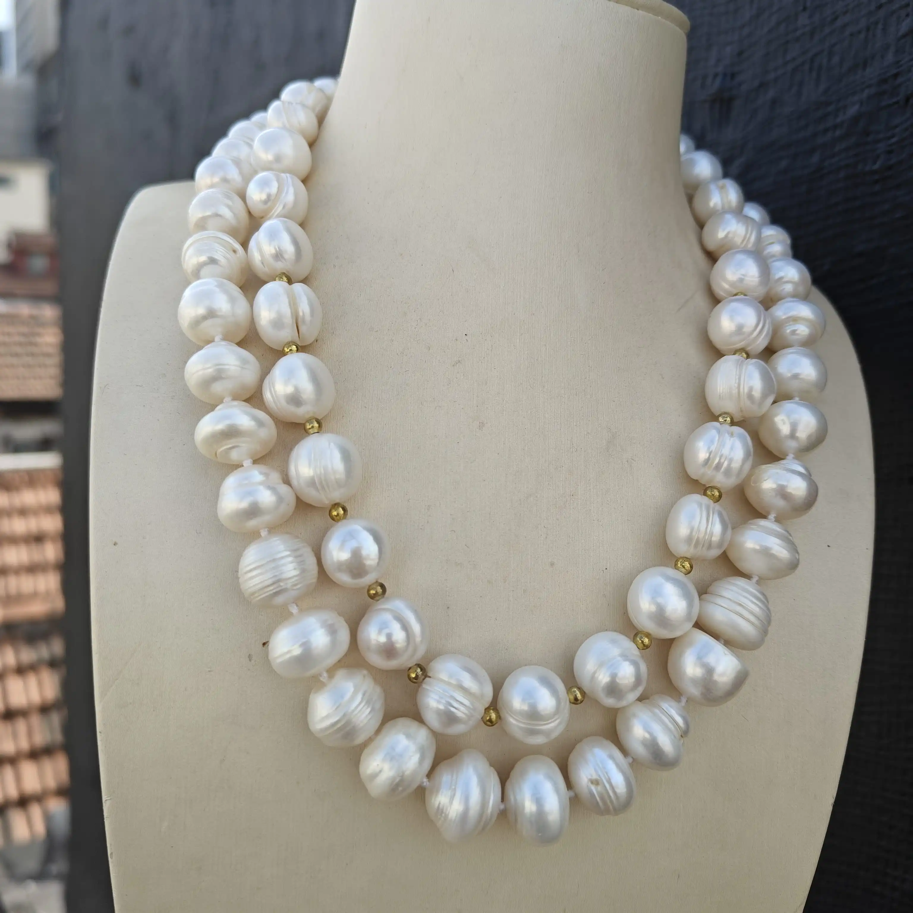 Big 2row Natural 10-13mm AAA South Sea Baroque White Pearl Necklace