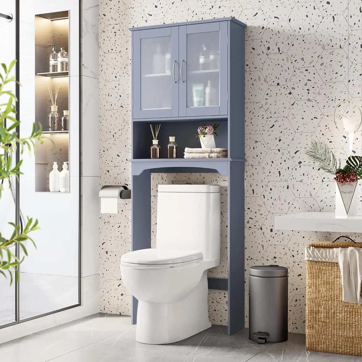 Over The Toilet Storage Cabinet, Free Standing Toilet Rack with Adjustable Shelves and Tempered Glass Doors , Grey