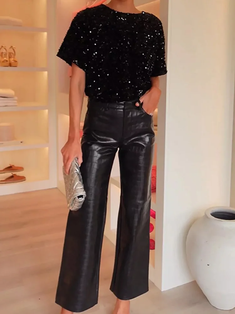 

Women Elegant Solid Party Blouse 2025 Spring Autumn Short Sleeve Ladies Sequins Tops Casual Round Neck Fashion Pullover Blusas