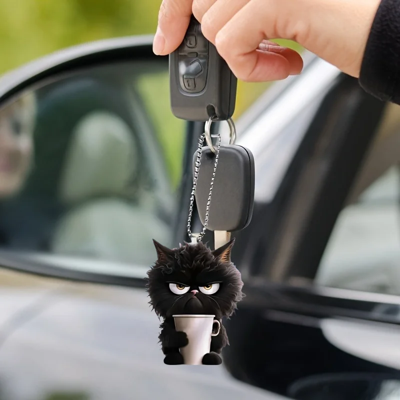 Fun Coffee Black Cat Keychain Versatile Charm Cute Cartoon Kitten Acrylic Pendant for Car,Backpacks,Festive,Party,Gift & Decor