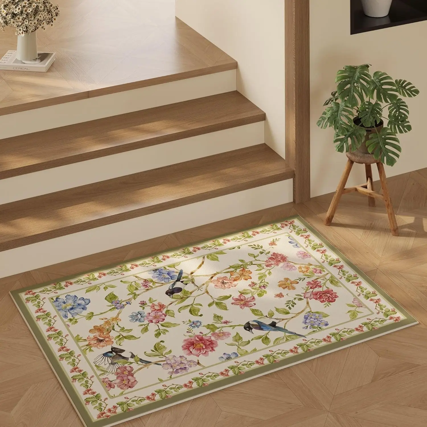 Machine Washable Floral Bird Magpies Animal Small Area Rug Non-Slip Low Pile Throw Rugs for Entryway, Kitchen, Front Door Indoor