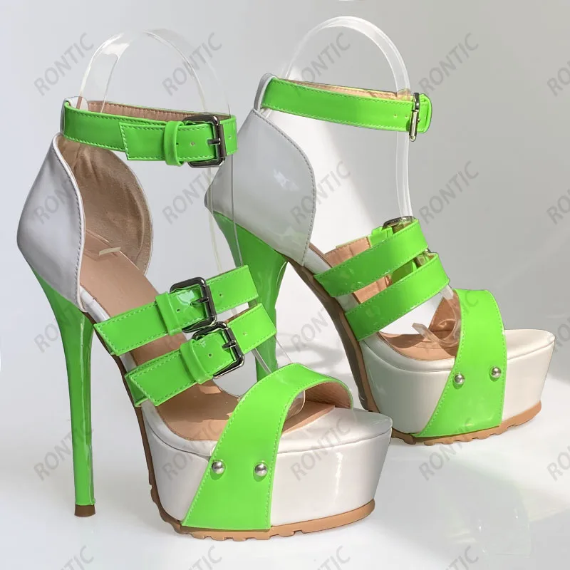 

Rontic Women Platform Sandals Patent Buckle Strap Sexy Stiletto Heel Open Toe Gorgeous Purple Black Red Party Shoes US Size 5-20