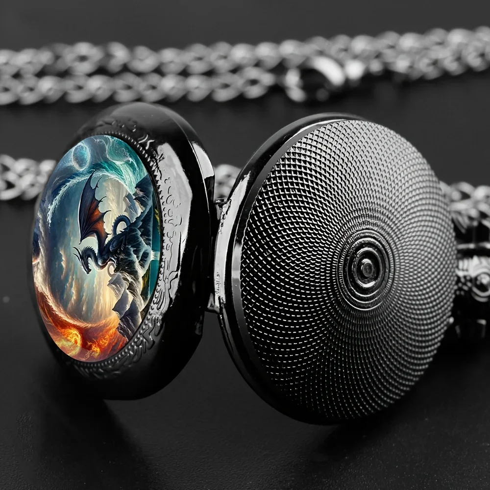 1pc Retro Dragon Quartz Pocket Watch, Cool Black Necklace, Unique Pendant Clock With Chain