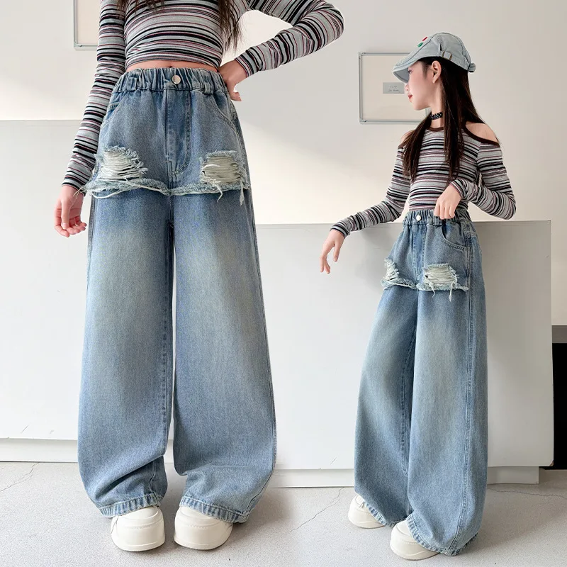 Girls' Fashion Ripped Denim Pants, Loose Straight Denim Pants, New 2026 Children's Casual Student Pants, Suitable for Ages 7-14