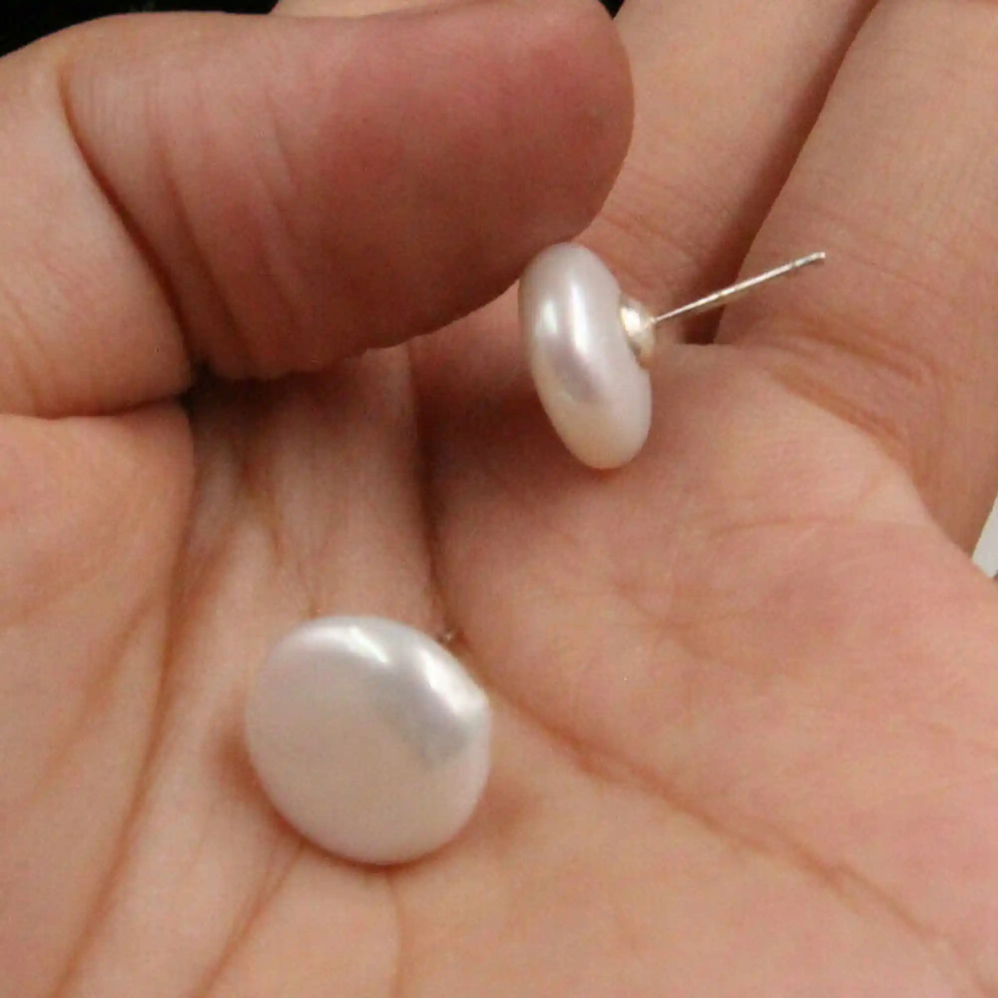 12-13mm white Coin pearl 925 silver ear stud Cultured Flawless earrings Beautiful Christmas Gift Jewelry Party Hook