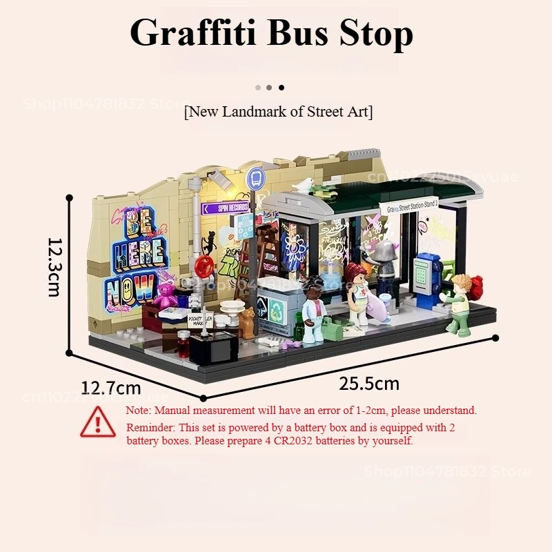 아메리칸 스트리트 시리즈 빌딩 블록 낙서 버스 정류장 거리 장면 조립 모델 도시 교육 장식품 컬렉션 선물