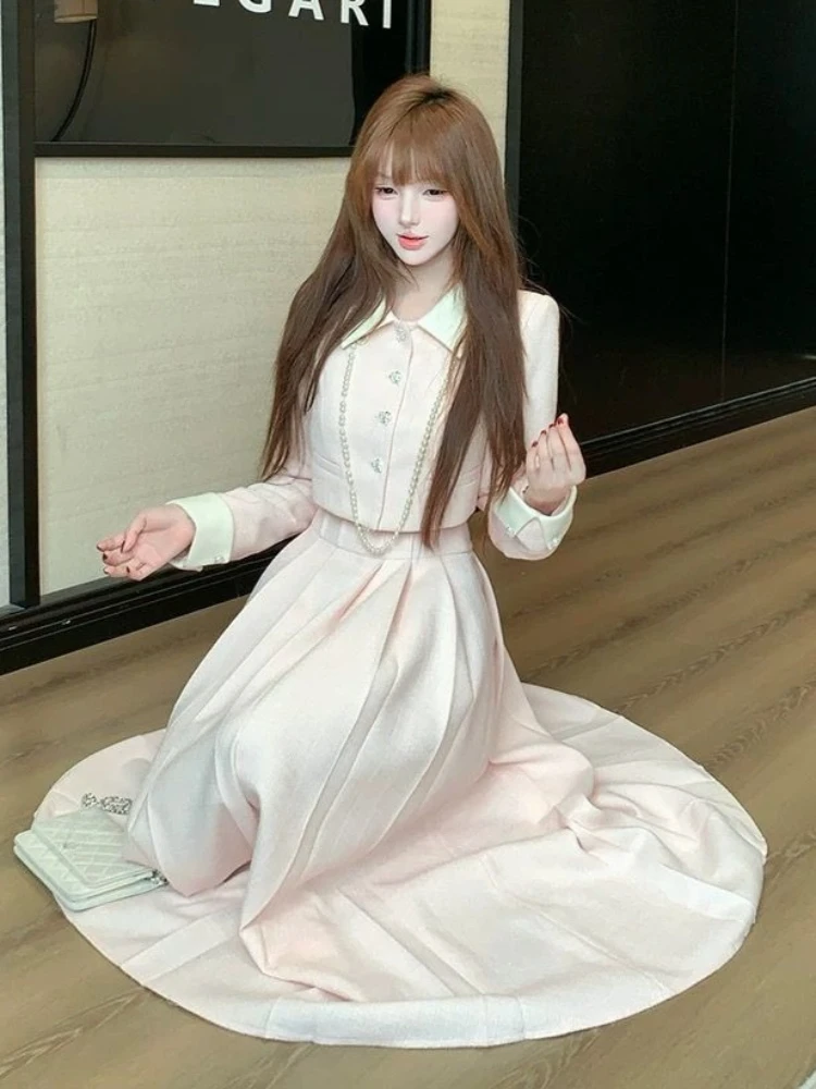 France chaud doux rose 2 pièces ensemble Design de mode revers court ample mince Cardigan femmes élégant taille haute Bouffant jupe longue