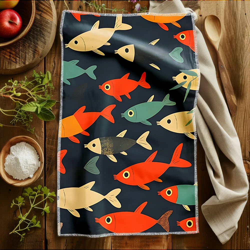 1pc Retro Colorful Fish Scrub Cloth, Soft Face&Hand Towel, Perfect for Kitchen, Dining Room, Seafood Restaurant, Bathroom