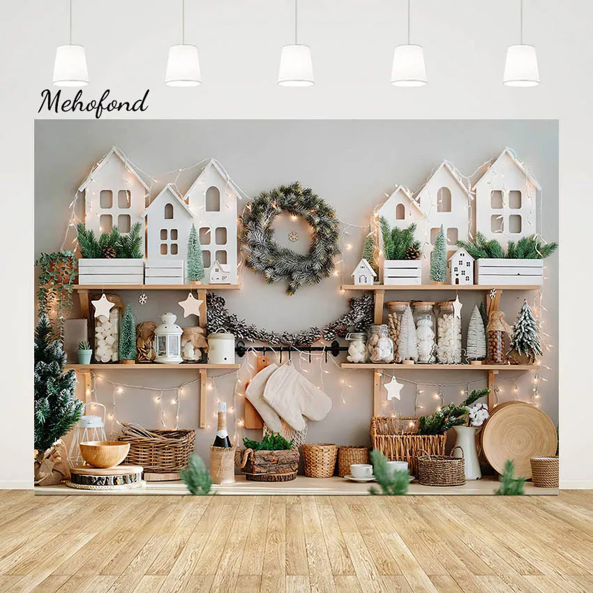 

Mehofond Christmas Kitchen House Background Wood Cupboard Shiny Photo Studio Child Cook Backdrop Photography Decor Photocall