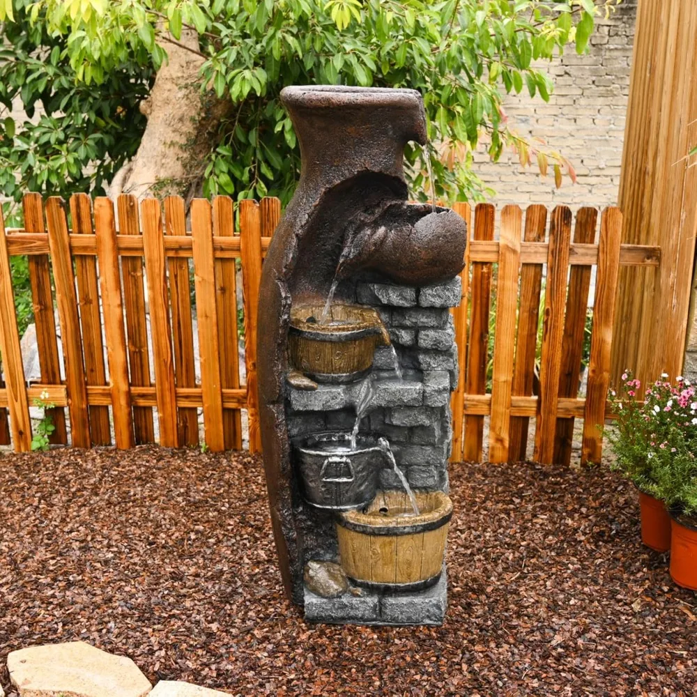 

Retro Barrel Water Fountains Indoor 6-Tiered Cascading Waterfall Water Feature 43.31''H Garden Fountain Decor Outdoor with LED L