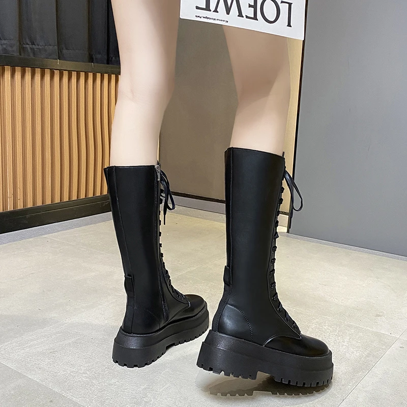 Chunky Platform Punk Boots Women Thick Bottom Knee High Boots Woman Autumn Winter Fashion PU Leather Motorcycle Botas Mujer