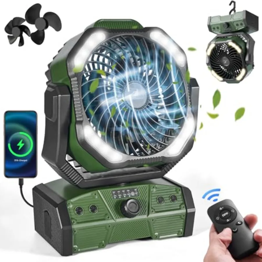 

40000mAh Camping Fan with LED Light, Battery Operated Oscillating Desk Fan with Remote and Hook, Rechargeable Outdoor Tent Fan