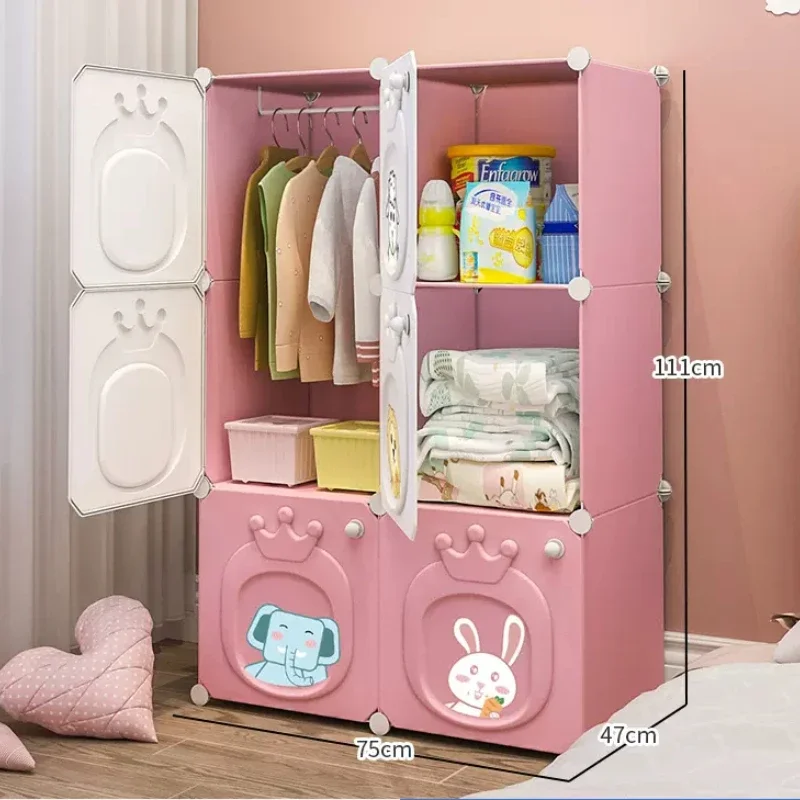 Children's Wardrobe with Simple Assembly Bedroom Storage and Hanging Organizer Rental Room Baby Wardrobe with Drawer Divider 123