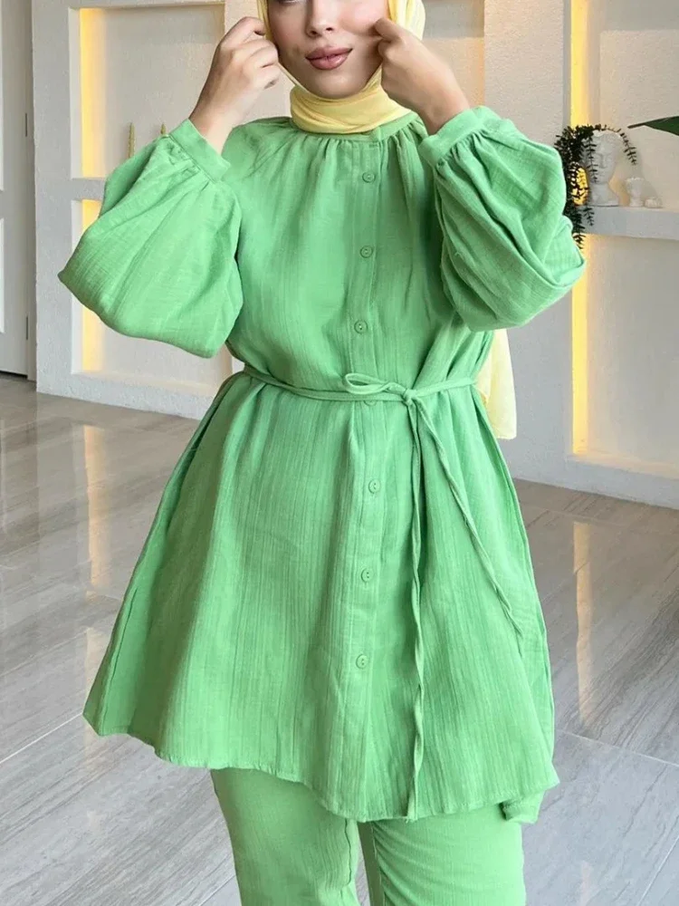 Women Eid Muslim Sets Two Pieces Musulman Ensemble Dubai Arab Single Breasted Blouses Wide Leg Pants Solid Color Belt Button