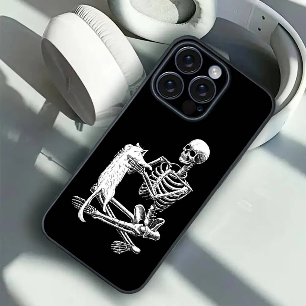 Чехол для телефона со скелетом и котом на Хэллоуин для iPhone 16, 15, 14, 13, 12, 17 PRO MAX PLUS, мини-ТПУ, мягкий, приятный для кожи чехол