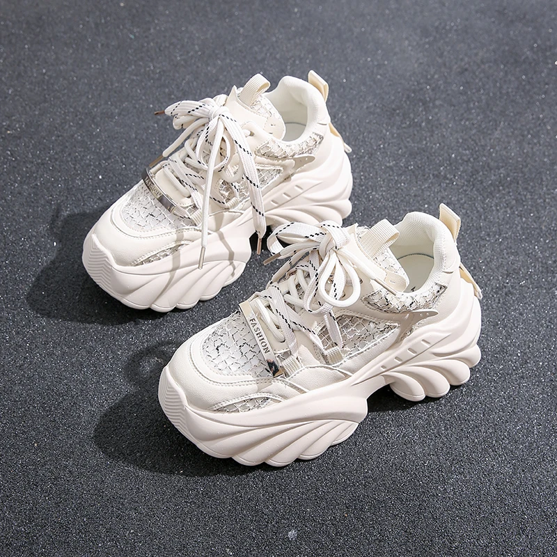 

New Summer Mesh Breathable Women's Chunky Sneakers Casual Lace-up 8CM Heightening Sports Shoes Comfortable Ladies Running Shoes