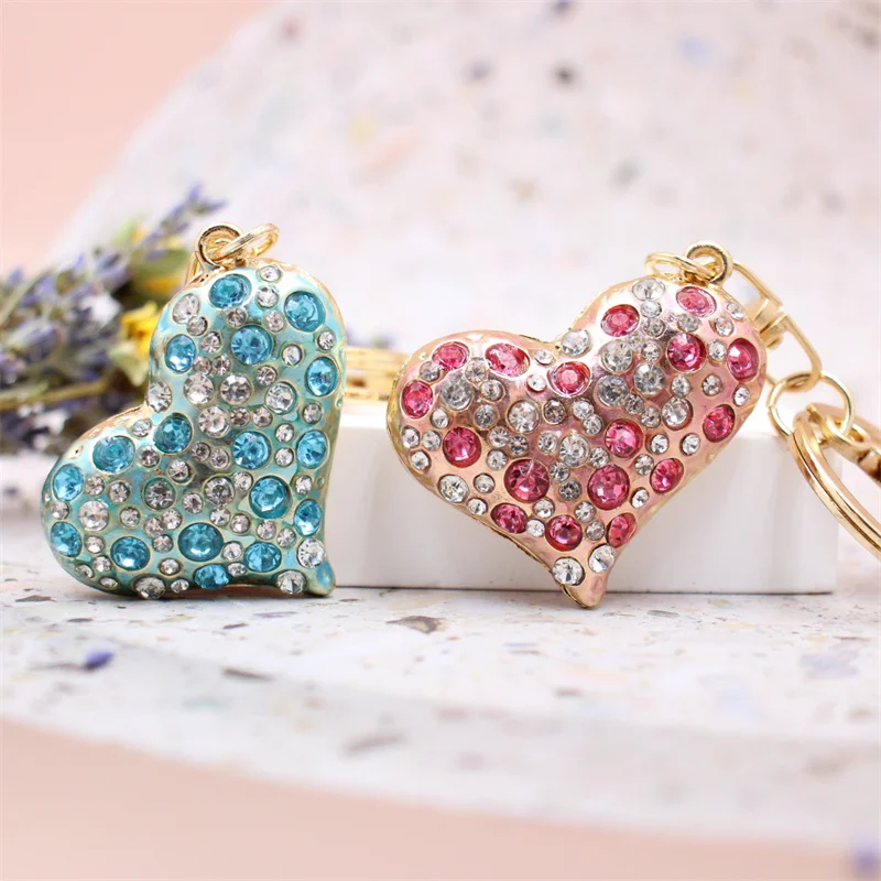 Women Jewelry Charm Crystal Keychain Heart Key Holder Rhinestone Keyring Red Bule Pink Pendant Key Chain Rings