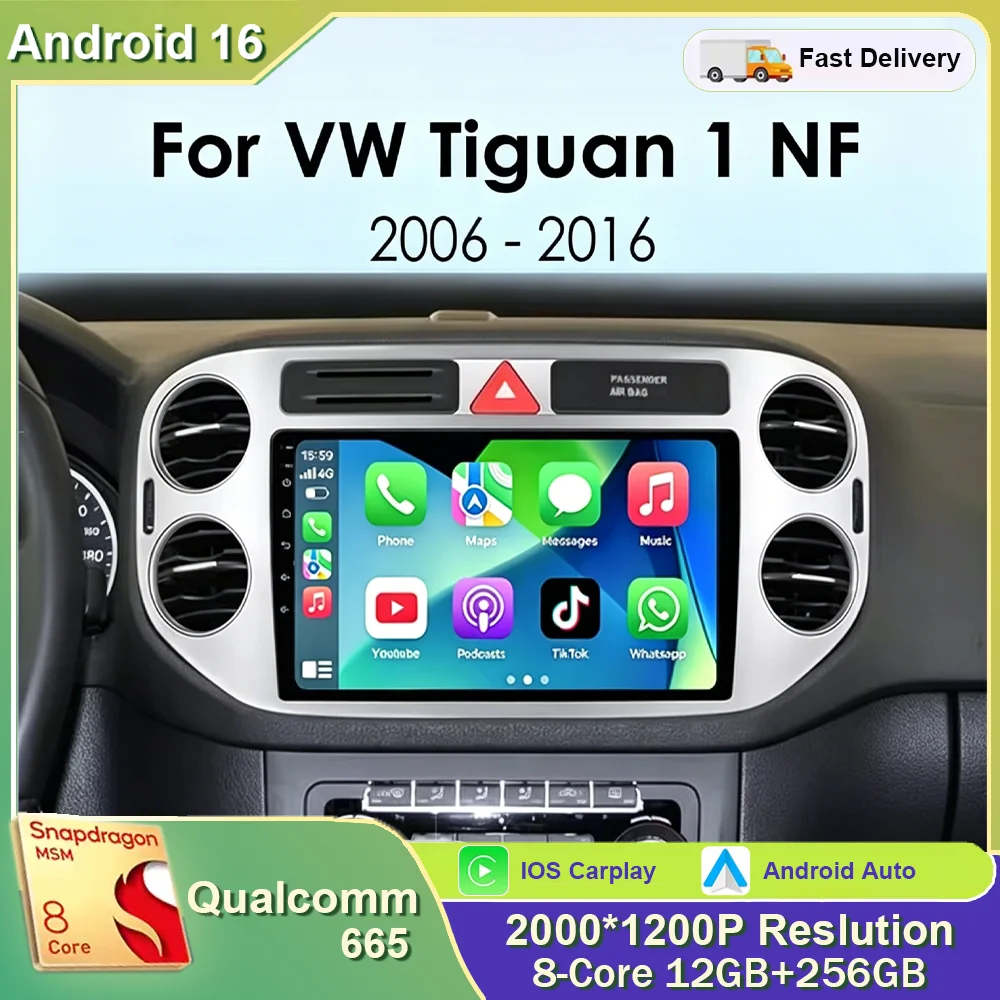 Radio para Auto Android 16 para Volkswagen VW Tiguan 2006 2010 2016 Golf Plus, Carplay Inalámbrico, Estéreo para Auto, Reproductor Multimedia, WIFI