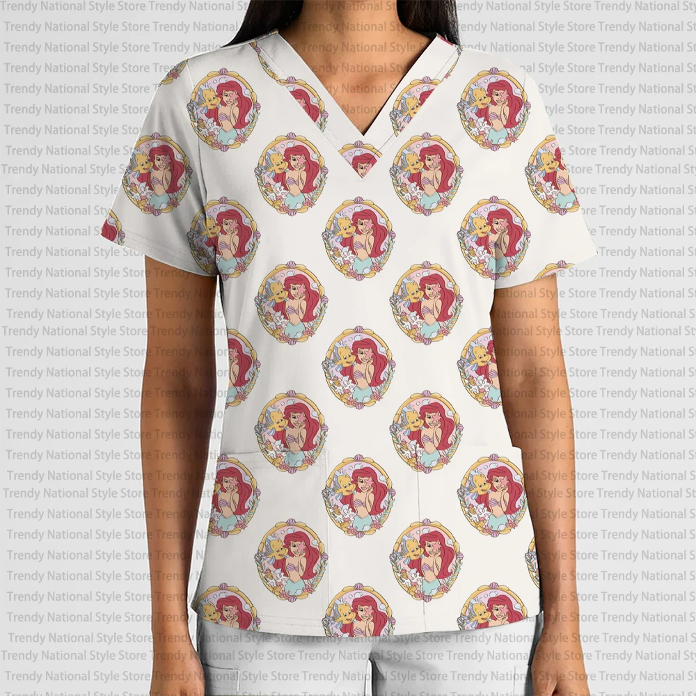 Summer Christmas Disney Cartoon Mermaid Print V-Neck Pocket Scrub Top Women's Clothing Nursing Clothes Dental Pet Shop T-shirt
