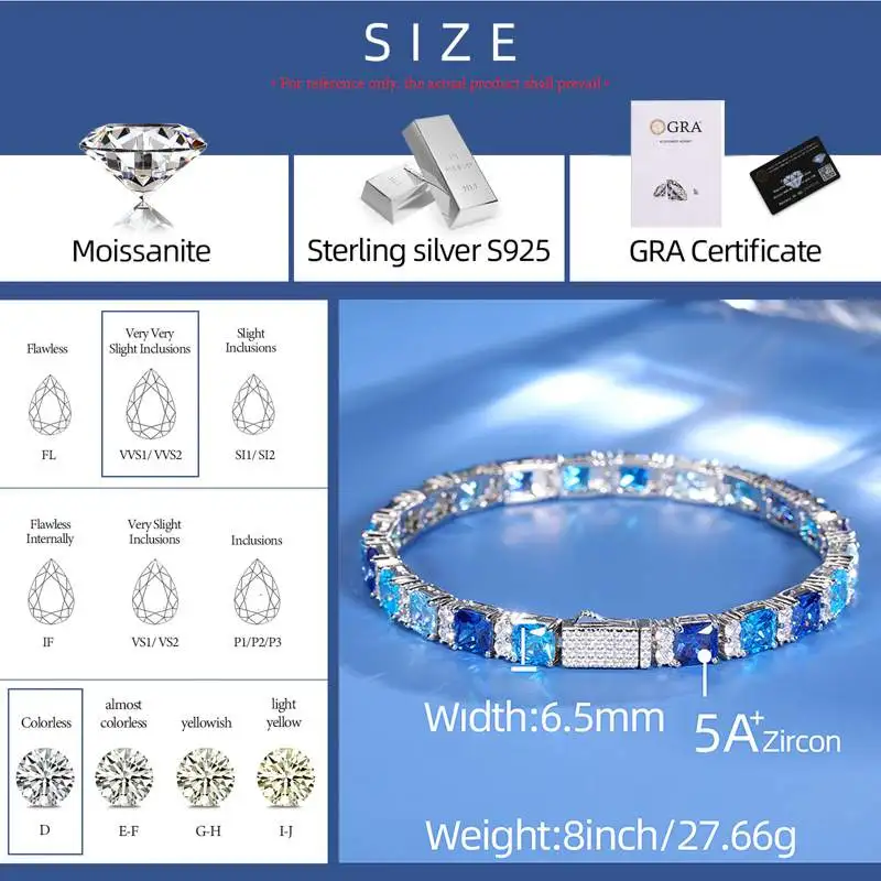 NASIA Gradient Blue Square Baguette Tennis Bracelet for Women S925 Silver New Original Men Unisex Hip Hop Jewelry Party 2026