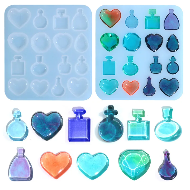 Resin silicone mold, a one-piece silicone DIY mold for heart-shaped perfume bottles in various styles, hand-cast silicone mold.