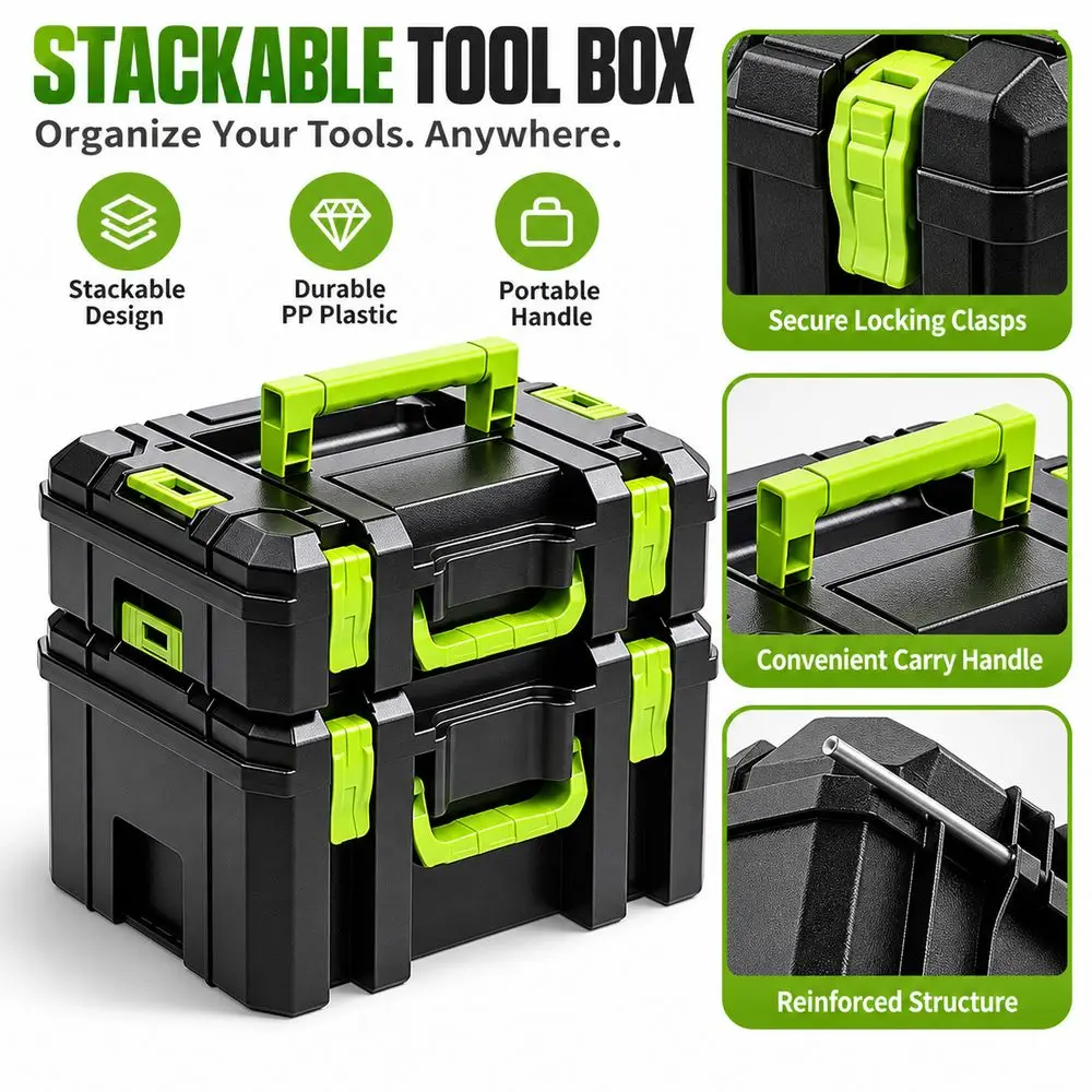 Portable Stackable Tool Box Locking Clasps Household Grade Tool Storage Box Carry Handle Hardware Organizer Case Home Repair