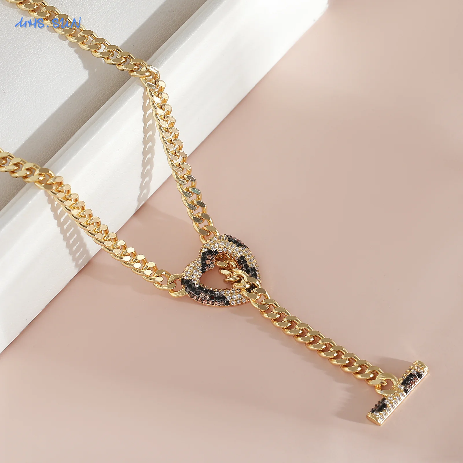 SUNSLL Gold Plated Leopard Python Pattern Heart Rectangle Two tone Zircon Inlaid Pendant Necklace Bold Women Party Jewelry