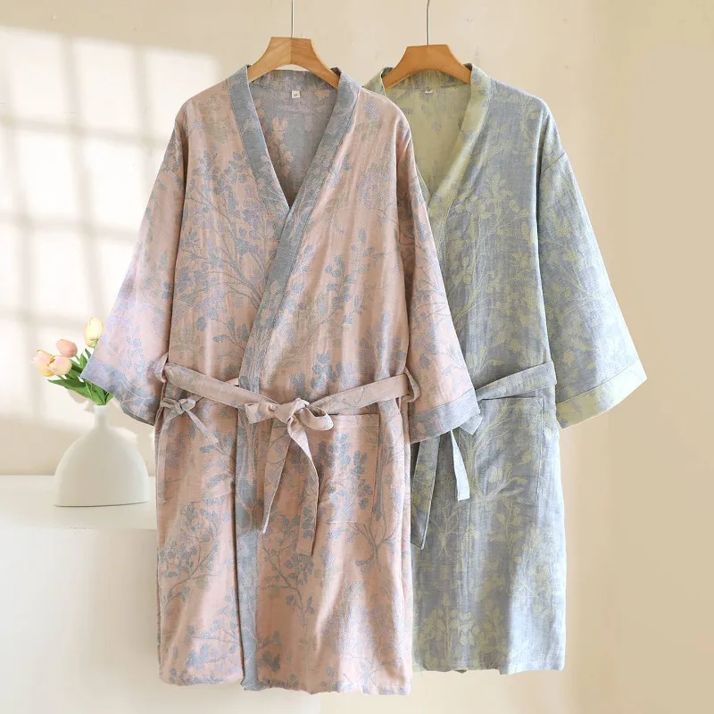 

2026 New Women's Spring/Summer Sleeping Robe 100% Cotton Gauze Color woven Jacquard Bathrobe Quick drying Robe Sleepwear