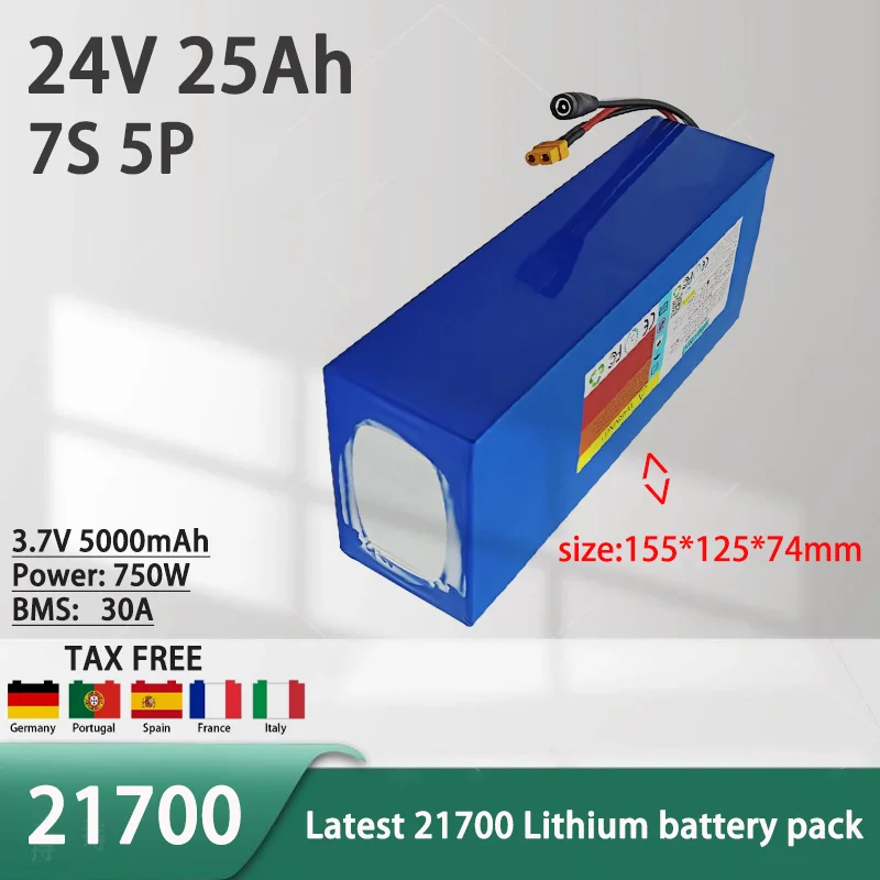 

New 24V 25Ah 21700 7S5P lithium-ion battery pack with 750W high-power outdoor backup battery, equipped with 30A BMS+29.4V 5A cha