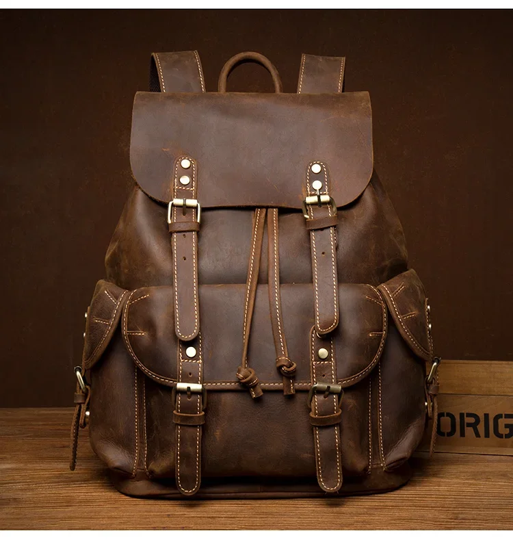 2019 Handmade Crazy Horse Leather Backpack Men's Vintage Original Cowhide Leather Backpack High Quality Business Computer Bag