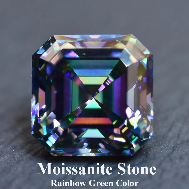 

Moissanite Stone Asscher Cut Rainbow Green Color Loose Gemstone Lab Grown Moissanite Jewelry Material with GRA Certificated