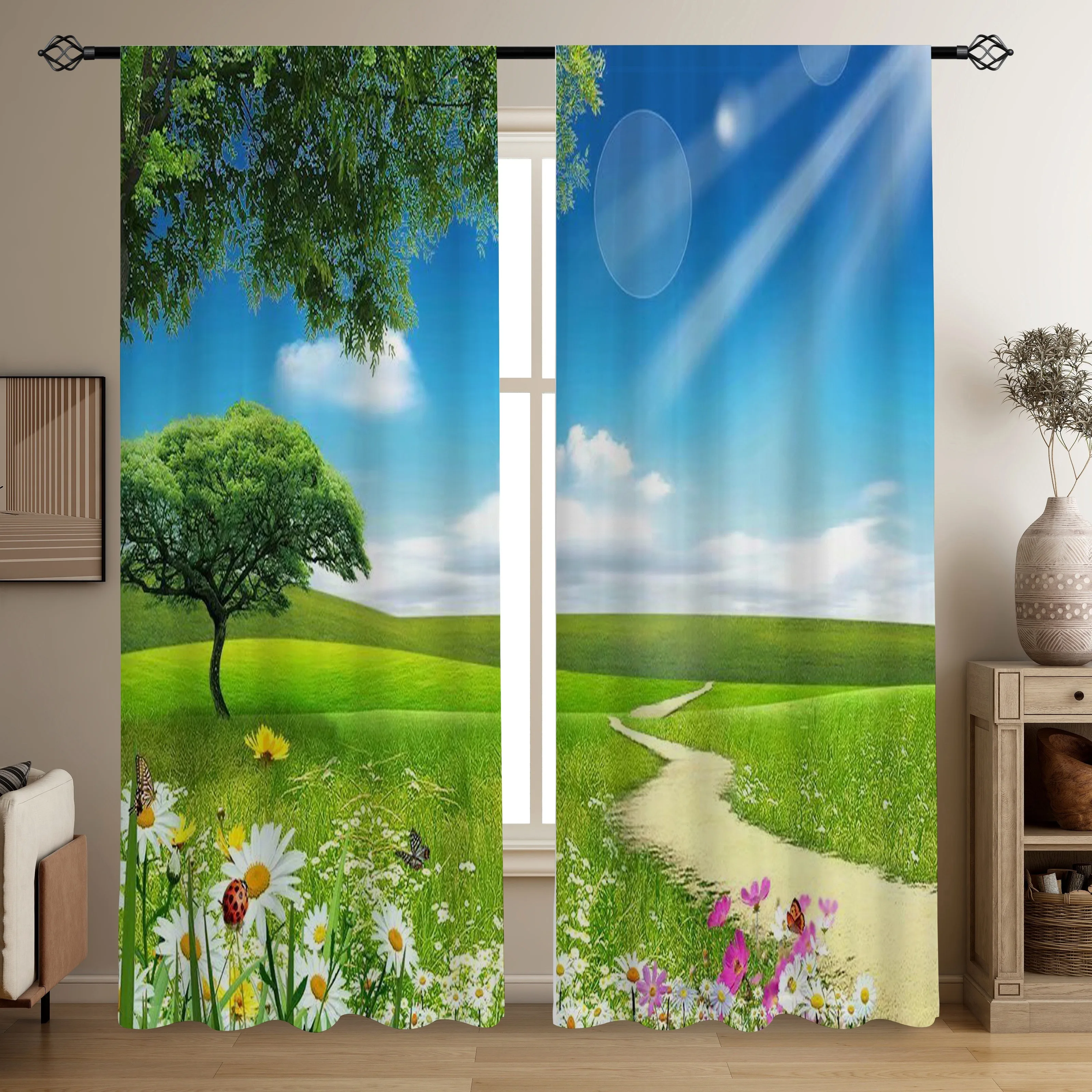 Green Meadow Curtains, Nature Landscape Print Blackout Drapes, Spring Flower Path Decor for Living Room Bedroom Window Treatment