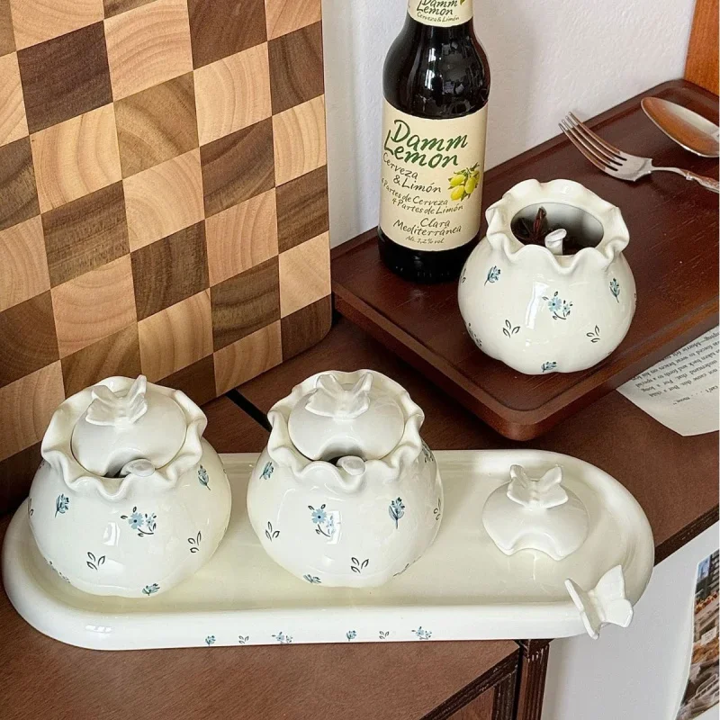 Set of 3 Vintage Porcelain Salt Pepper and Suga Jars,Ceramic Seasoning Box,Kitchen Gadgets,Condiment Bottles,Storage Organizer