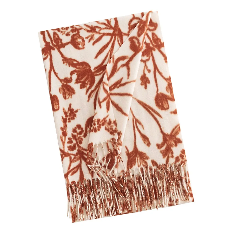 

Fashion Thickened Imitation Cashmere Scarf Cold-proof Tassel Neck Warmer Long Scarf Floral Print Shoulder Wrap Couple