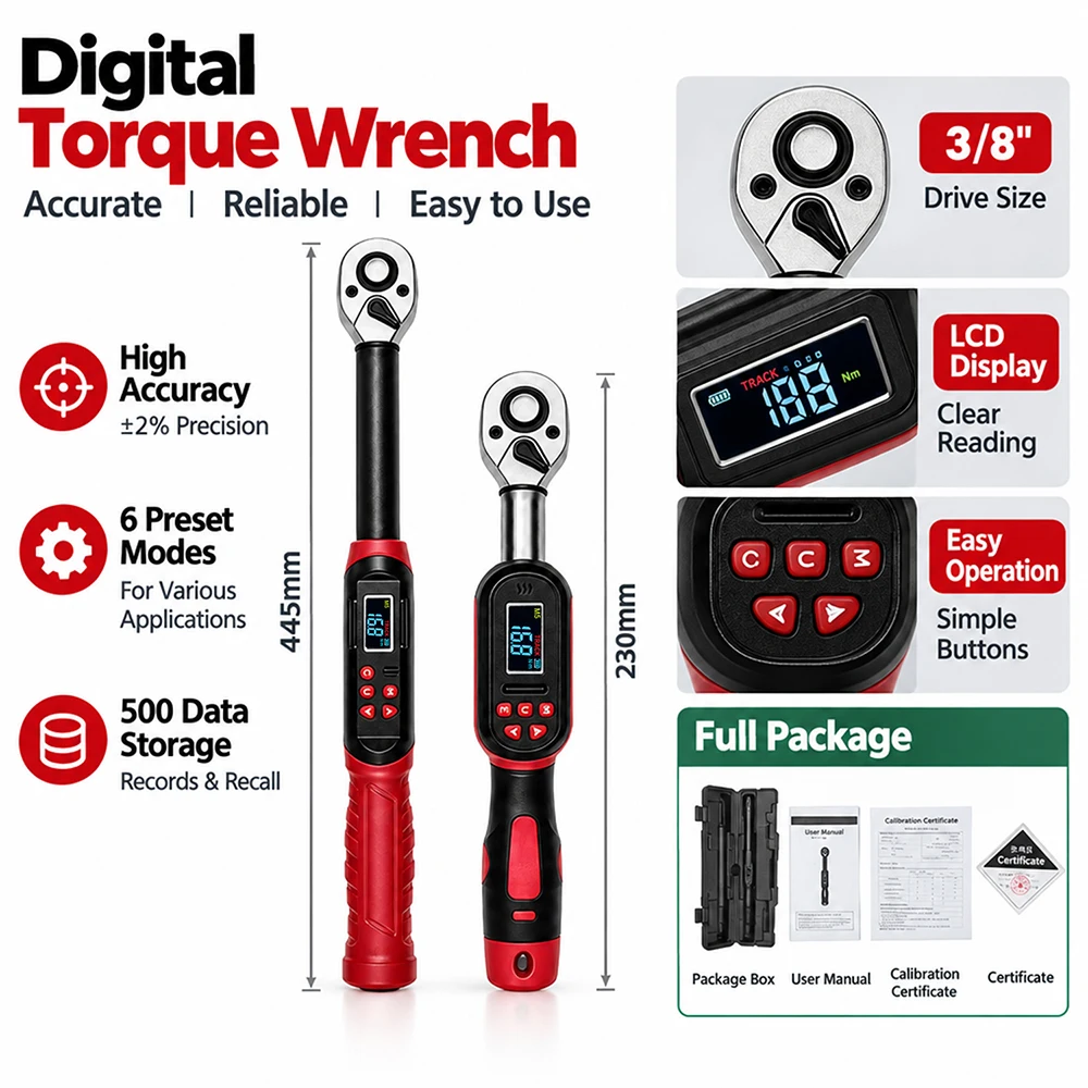 3/8 Digital Torque Wrench With LCD Display 3-60N.m 6.8-135N.m Range 72T Ratchet Head LED Indicator Electronic Torque Meter