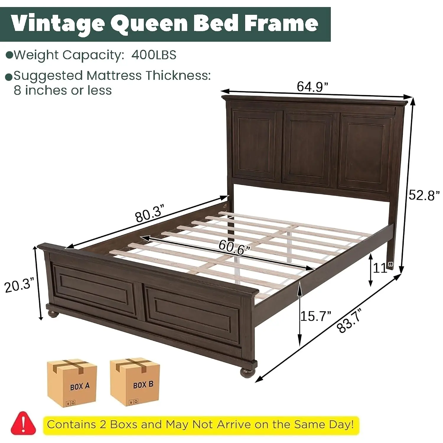 Rustic Wood Bed Frame Tall Headboard Footboard Under Storage Farmhouse Noise-Free No Box Spring Antique Brown, Customized11