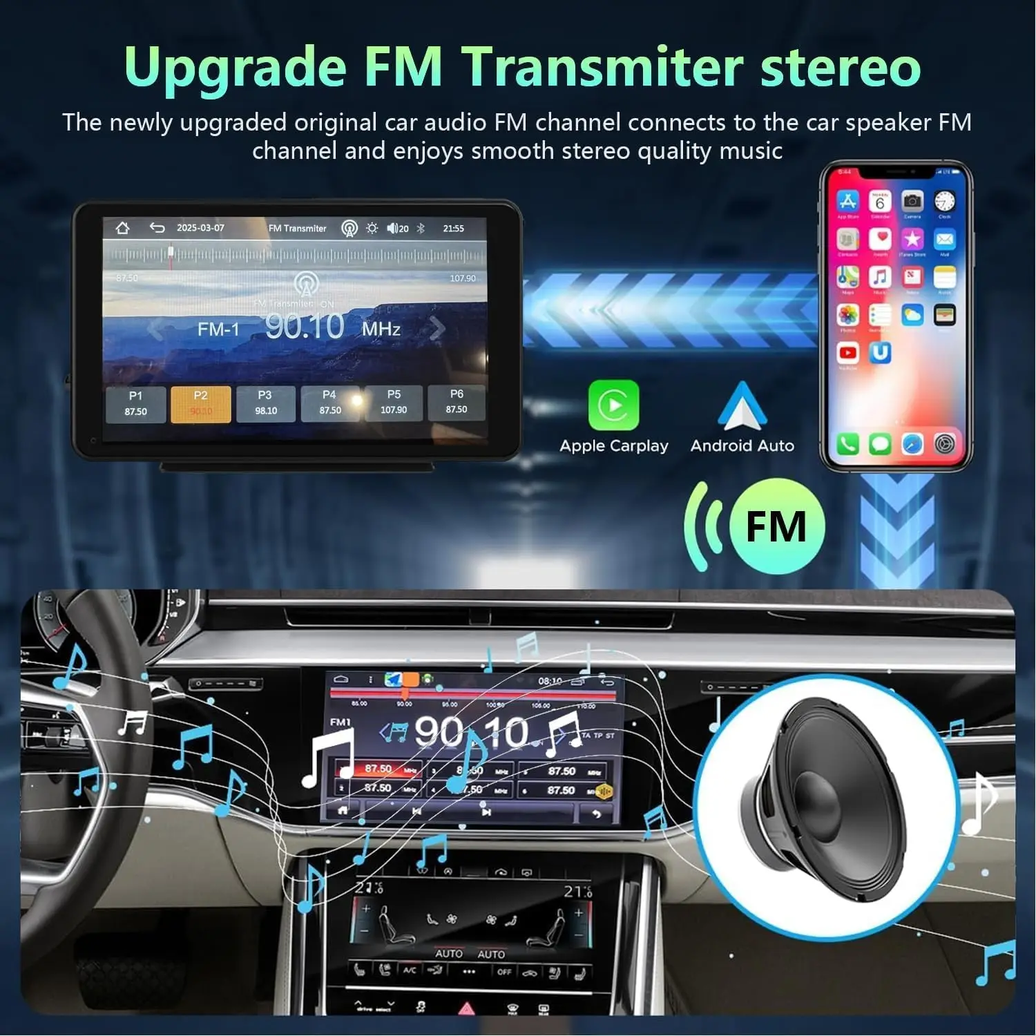 Портативный 7-дюймовый беспроводной сенсорный экран HD CarPlay/Android Auto с Bluetooth FM MirrorLink