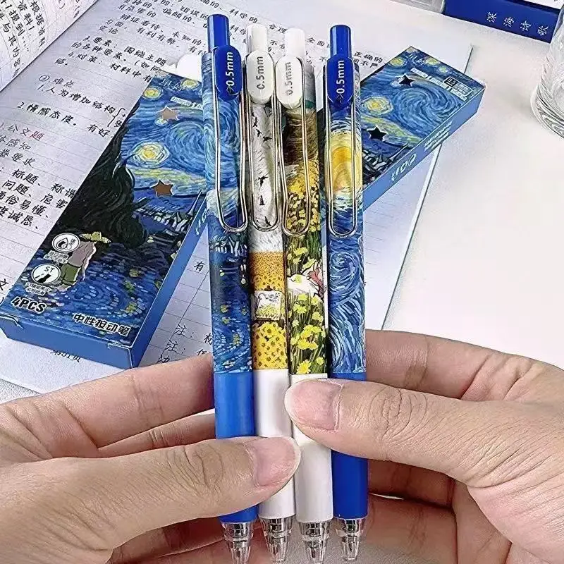 4Pcs Van Gogh Starry Night Pens: High Quality, Retractable, 0.5mm Fine Tip Pen, Smooth Writing - Suitable for Office Diaries and