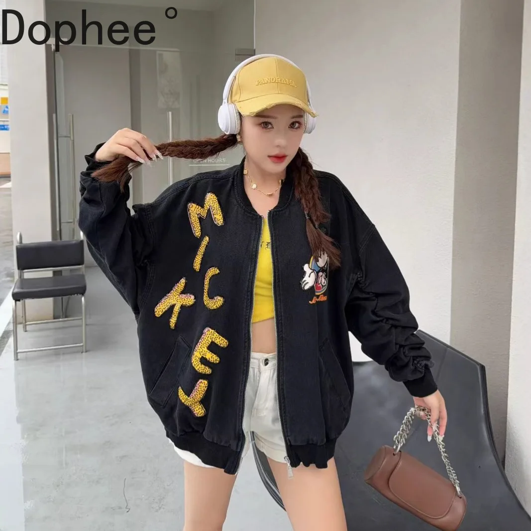 

Trendy Varsity Jacket Women New Autumn Loose Stand Collar Zip Cardigans Coat Mid-long Embroidery Mickey Full Sleeve Outerwear