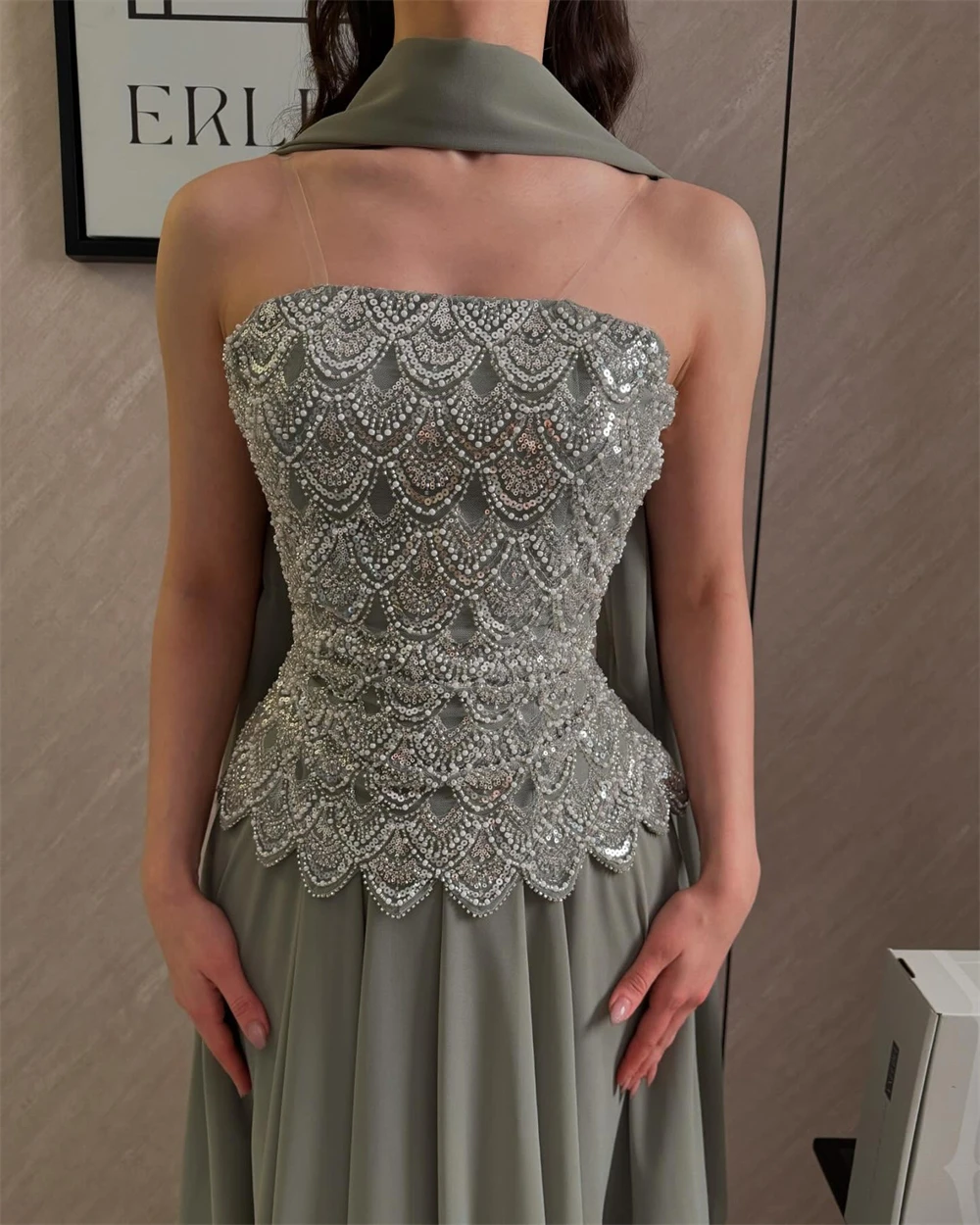 Contessa Custom Classic Evening Dress Strapless Beaded Bodice Robes De Soirée Sage Cape Shawl Bridesmaid Dress Maxi Floor Length image 5