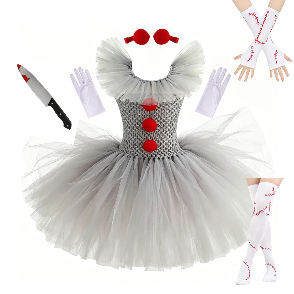 Pennywise Inspired Horrible Creature It Clown Tutu Dress Kids Joker Cosplay Costume with Hair Pin Gloves Girl Halloween Apparel