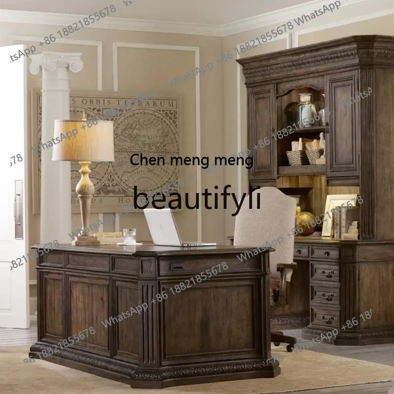 

cn8350 ss Американский ретро резной стол из цельного дерева, винтажный офисный письменный стол из скандинавского дуба, компьютерный стол