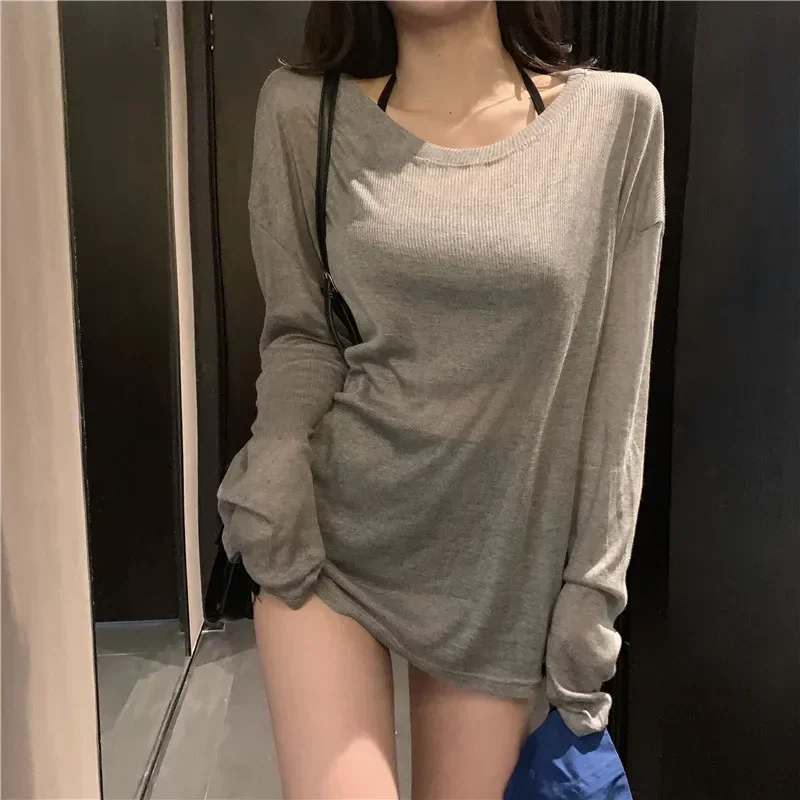 Spring Women Long Sleeve Round Neck Thin Tshirt Loose Korean Casual Basic Long Tee Tops Sun-proof Clothes Black Grey Blue