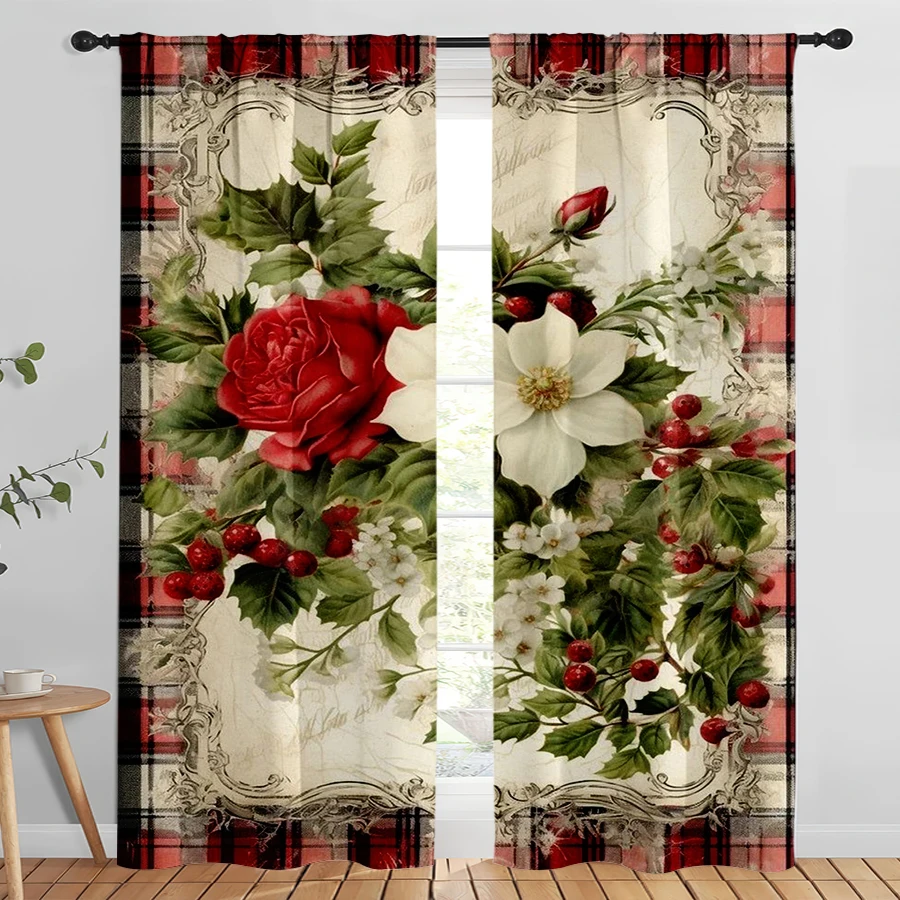 2PCS Digital Print Curtains, Vintage Plaid Frame White Flowers Red Rose Holly Berries Ornate Border, Antique Floral Style - Chri