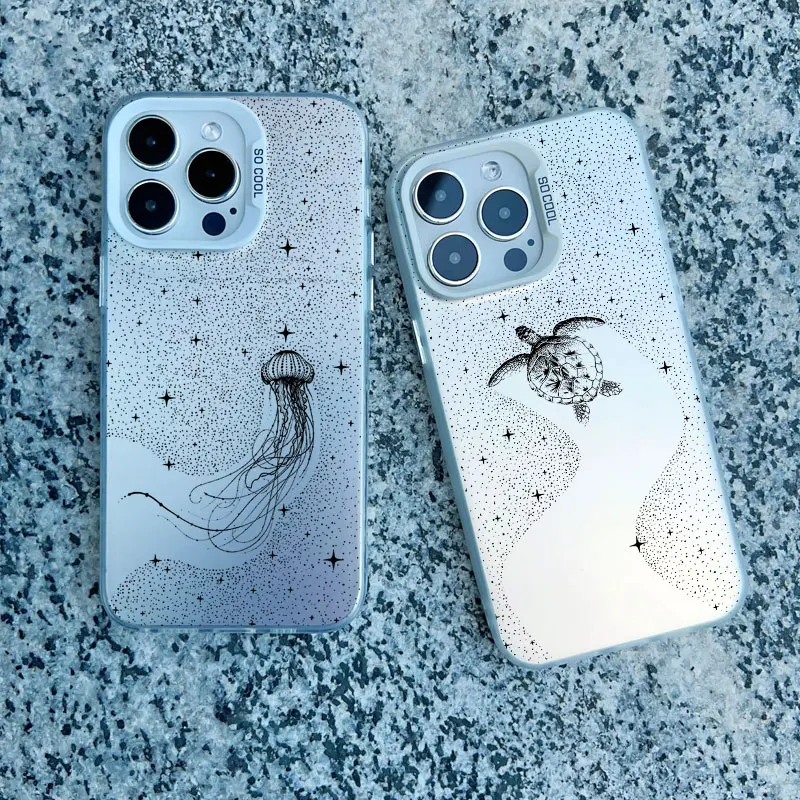 Ocean Animal Cute Dolphin Sea Turtle Painting Phone Case For Iphone 17 16 14 15 12 13 Pro Max Plus 13 Mini 11 White Laser Cover