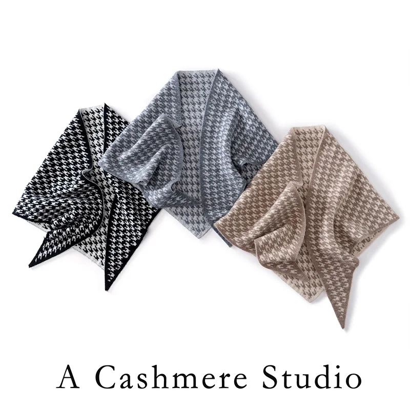 British style 100% cashmere triangle scarf, autumn and winter fashionable houndstooth scarf, knitted warm neck protection shawl.