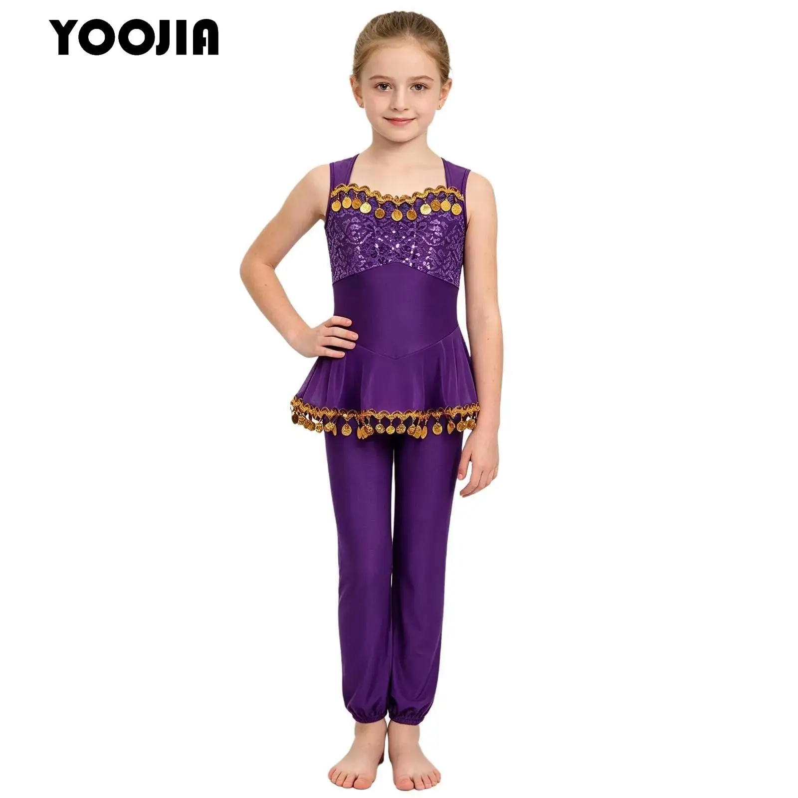 Girls Halloween Arabian Princess Belly Dance Costume Sequined Tulle Peplum Indian Dance Jumpsuit Tassels Mesh Pageant Rompers